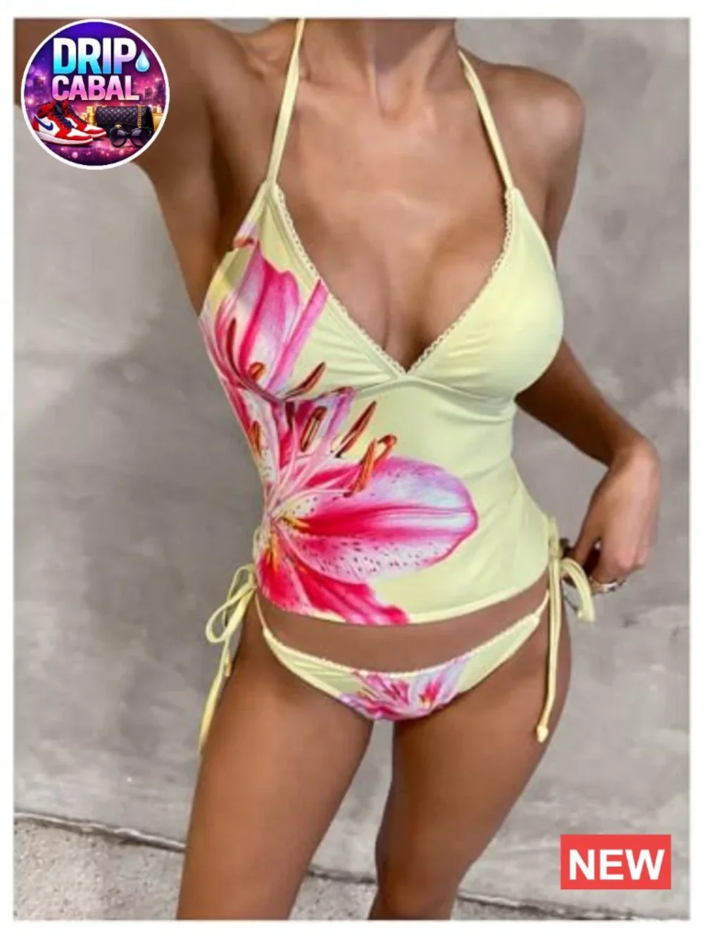 Women's Floral Tankini Swimsuits Tummy Control Backless Halter Tie Side